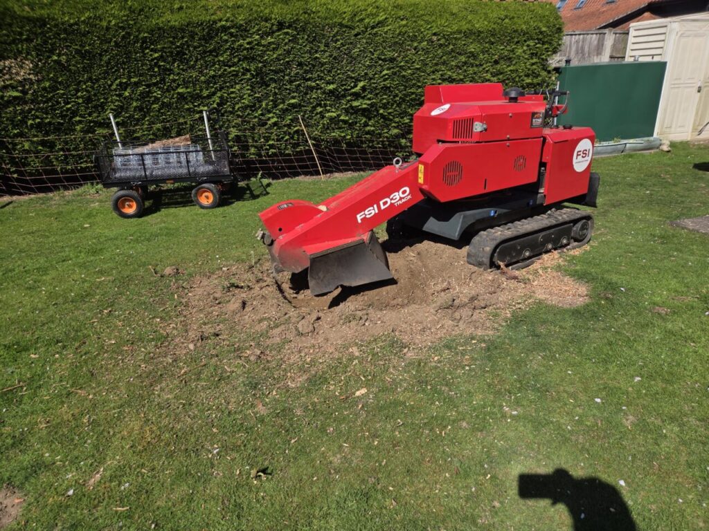 Green grass with soil patch and red digger