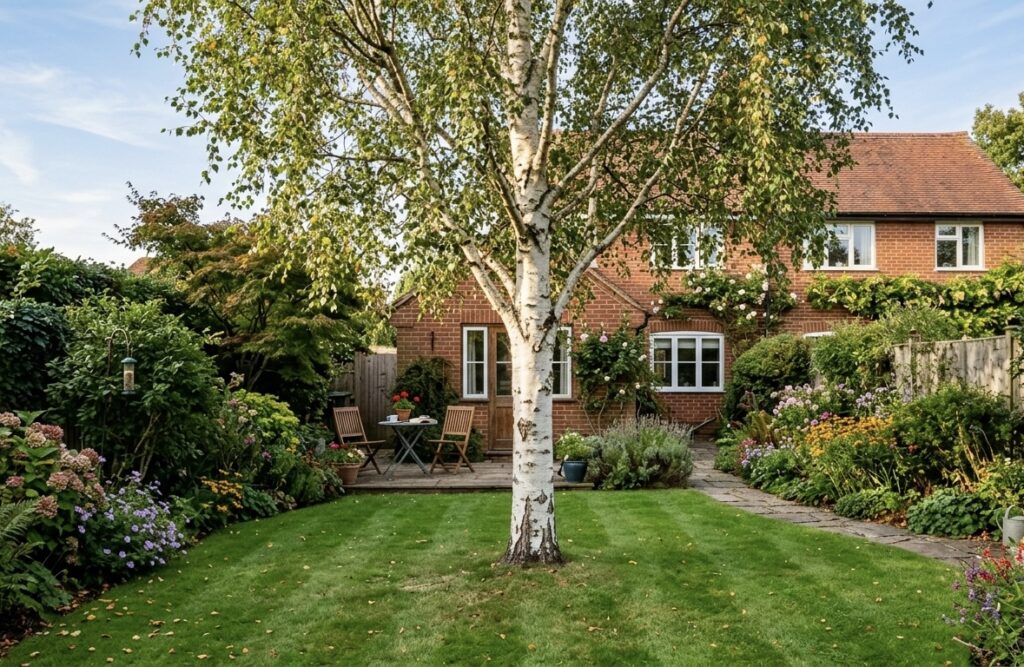 Silver birch tree in back garden