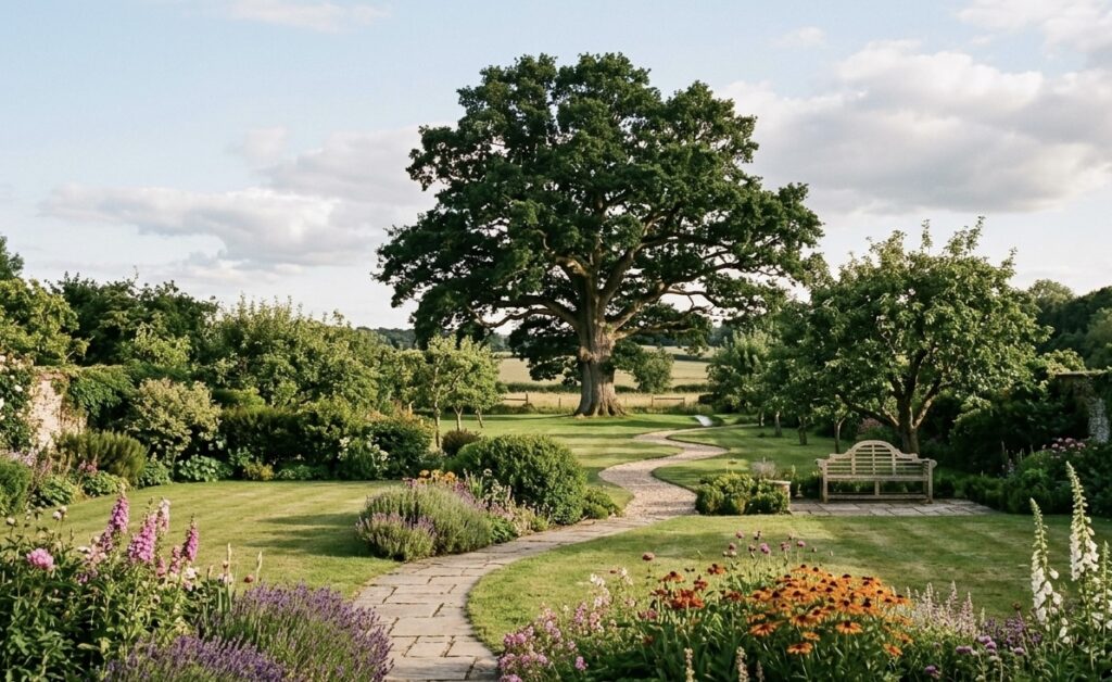 english oak tree in a decorated back garden