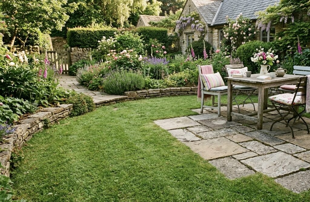 Patio in garden with grass