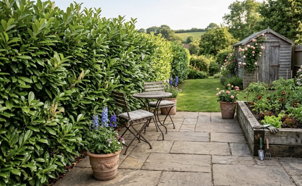 Back garden with laurel hedging