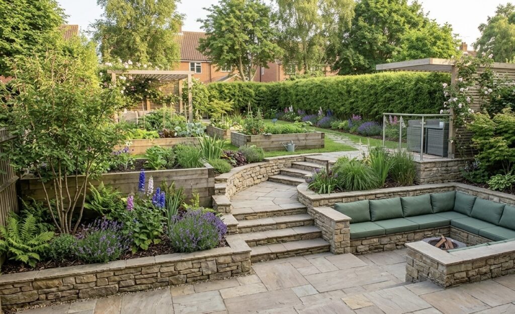 Back garden with sunken seating, raised steps and privacy hedging