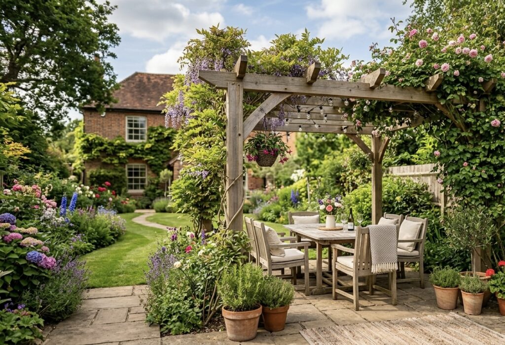 timber pergola in back garden