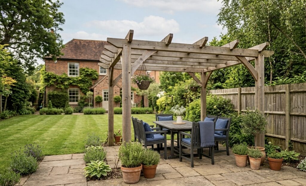 timber pergola in simple backyard