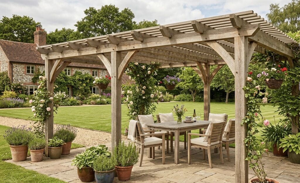 timber pergola over outside seating