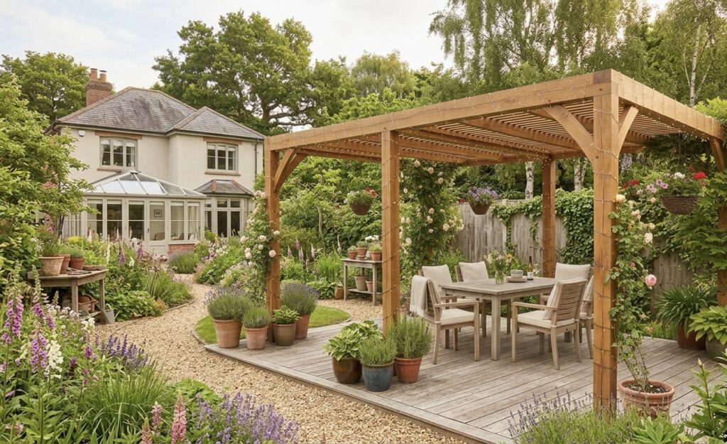 timber pergola with outside seating and fairy lights on decking