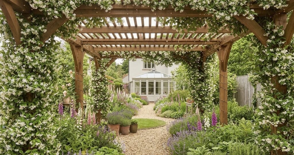 pergola over pathway with jasmine