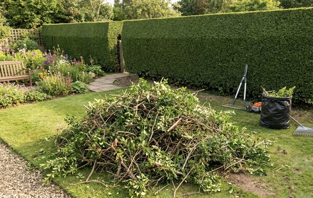 hedge trimming next to freshly trimmed hedge